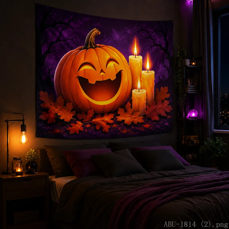 VIKAMA Spooky Halloween Pumpkin Tapestry Dark Stormy Night Wall Art for Party Home Background Decor