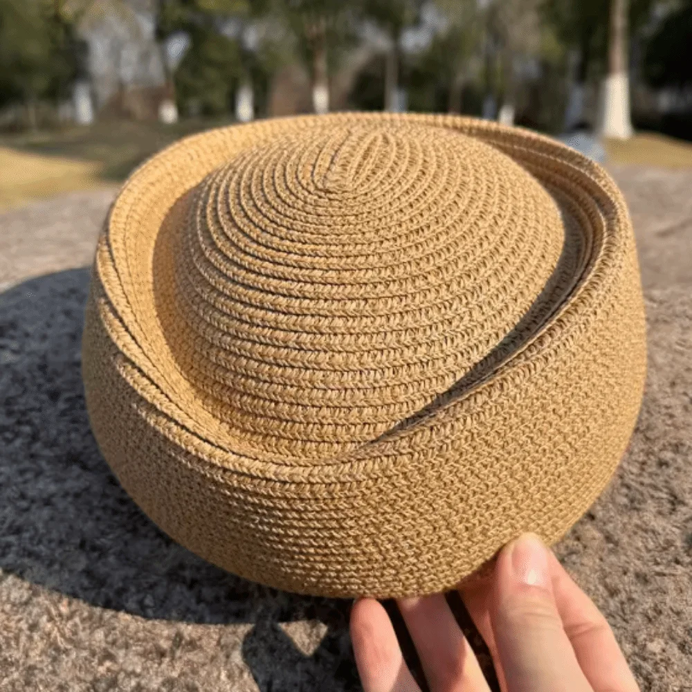 Women Elegant Straw Beret Hat Teardrop Handmade Flight Attendant Hat Classic Simple Vintage Sun Hat Wedding Party