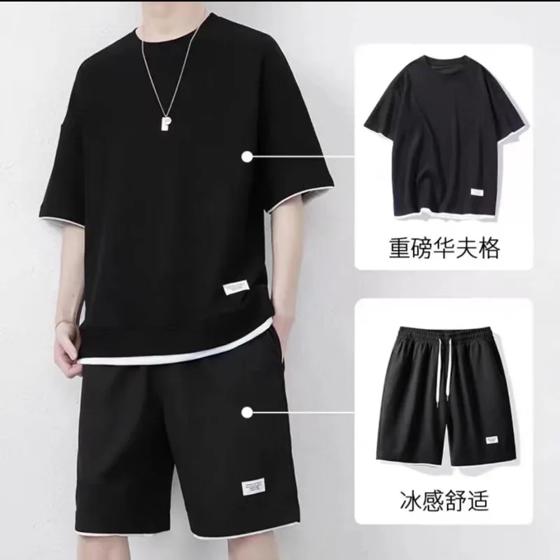 2024 Summer Solid Color Men Waffler Affordable Youth Short Sleeved Round Neck Tops Casual Loose Shorts Comfortable Two Piece Set