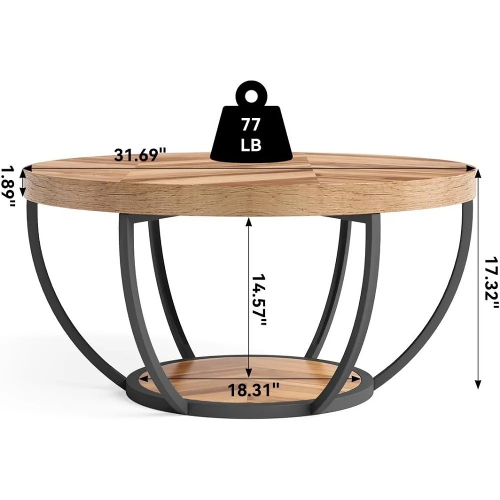 Round Coffee Table, 32 Inch Round Coffee Table for Living Room, 2 Tier Wood Decorative Center Table, (Wood Grain & Black)