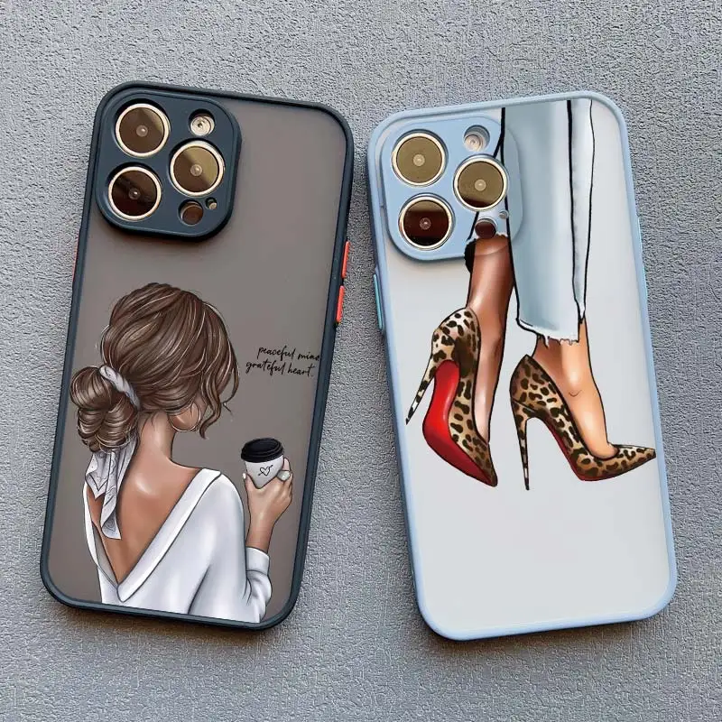 النساء القهوة ملكة جمال فتاة سيدة عالية الكعب قضية الهاتف آيفون 16 14 11 12 13 15 برو ماكس X XS XR SE 2020 7 8 Plus موضة يغطي #4