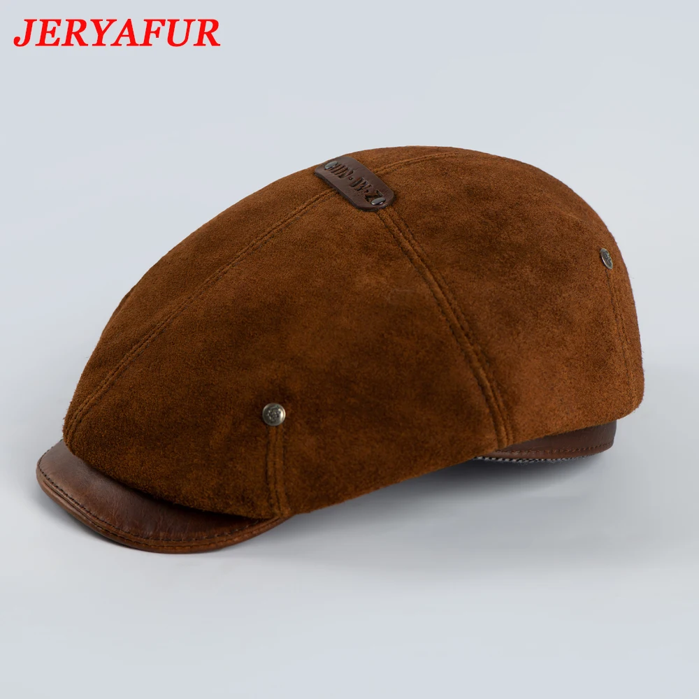 

JERYAFUR High Quality 2023 Winter Leather Hat Men's Fur Lamb Wool Warm Thick Placket Baseball Cap Men's Forward Hat Russian Hat