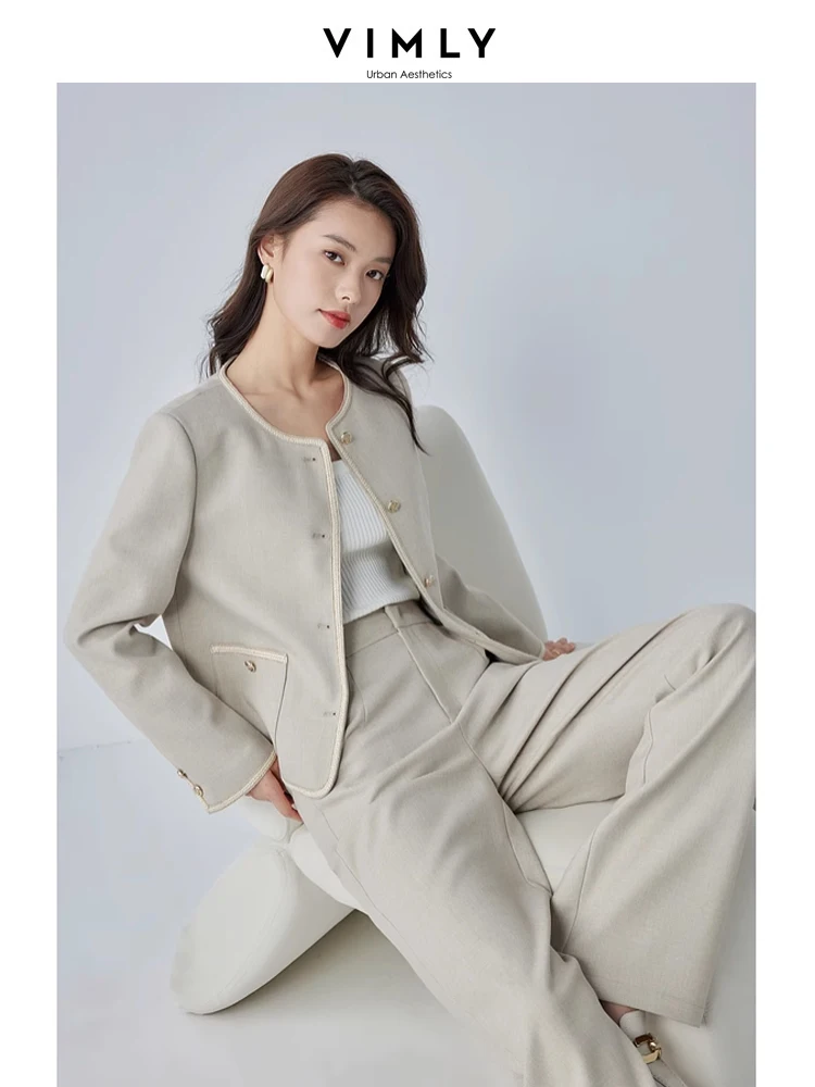 Vimly Elegant Office Pant Suit Crop Jacket Elastic Waist Wide Pant Two-piece Suit Female 2024 Spring Matching Sets Outfits M5922