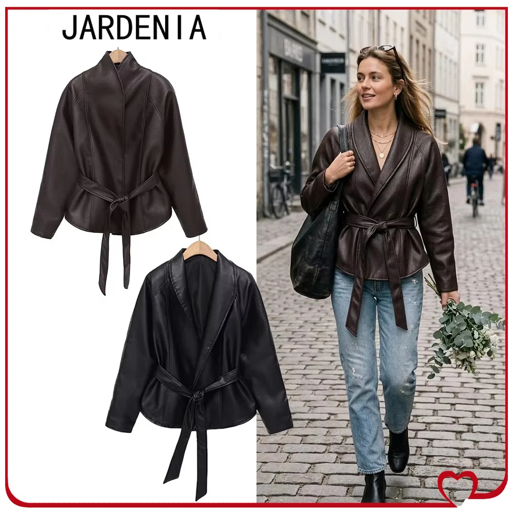 Elegant Chic Faux Leather Belted Jackets for Women New in Spring & Autumn Stylish High Neck Jacket with Adjustable Self Tie Belt