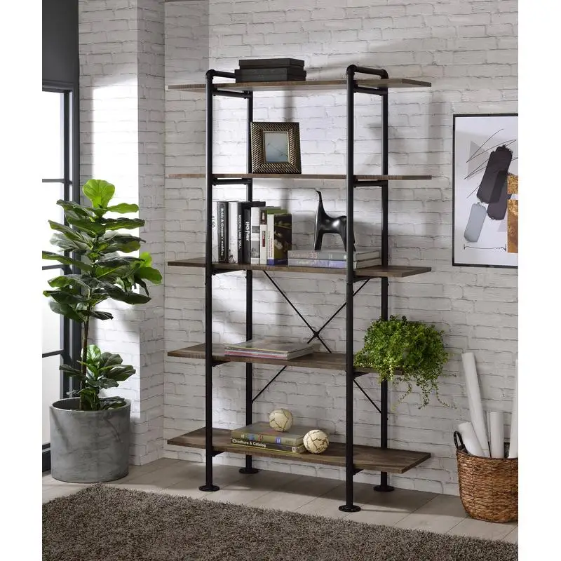 

Rustic Oak and Black 5-Shelf Bookcase for Home or Office Storage and Display with Elegant Design