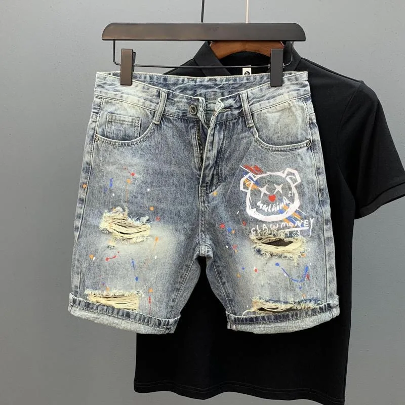 Summer Fashionable and Trendy Printed Perforated Straight Leg Elastic Denim Shorts For Men's Casual Loose Sports Plus Size Short