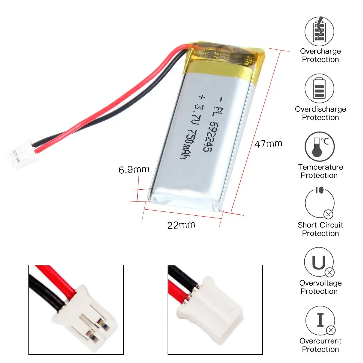 3.7V 750mAh 692245 충전식 리포 배터리, 길이 45mm