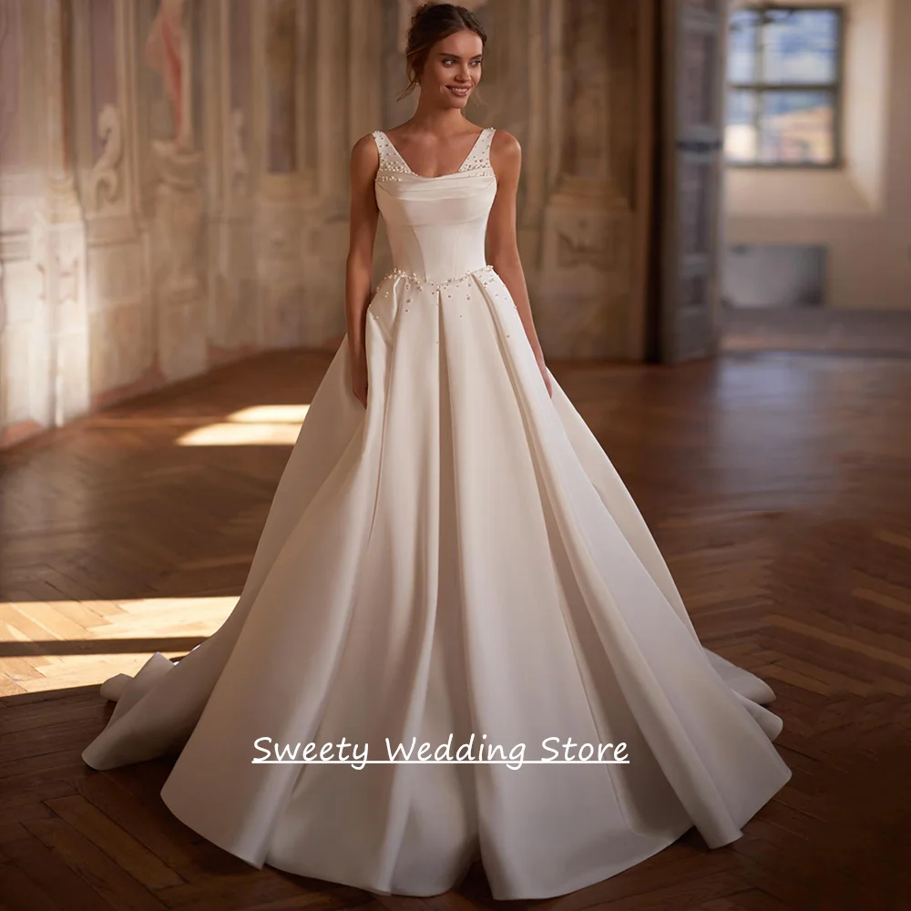 Brautkleider für Frauen, maßgeschneidert, V-Ausschnitt, ärmellos, mit Falten, Perlen, drapiertem Rock, A-Linie, Brautkleid, Vestido Noiva