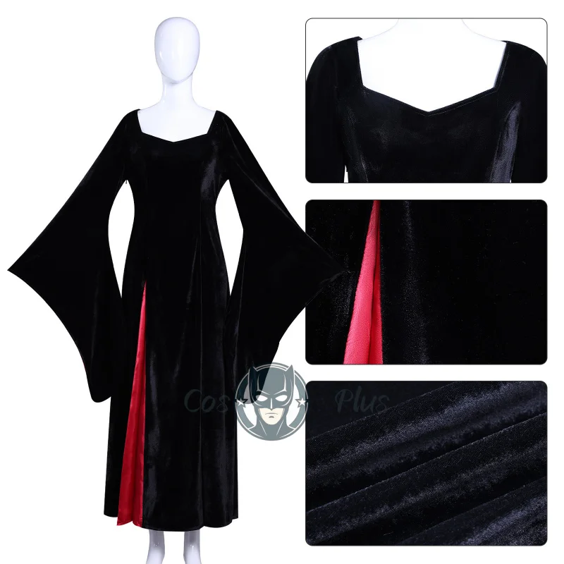 Morticia-Disfraz de Cosplay, bata negra, conjunto de peluca, vestido gótico para mujer, falda larga, fiesta de disfraces de Halloween Vintage para adultos