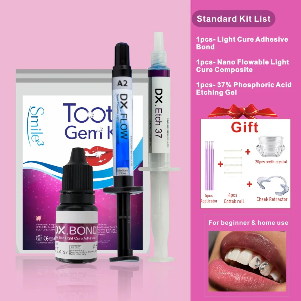 

Tooth Gem Set Glue Kit with UV Curing Light Dental Orthodontic Adhesive Jewelry Diamond Crystals Ornament Direct Bonding System