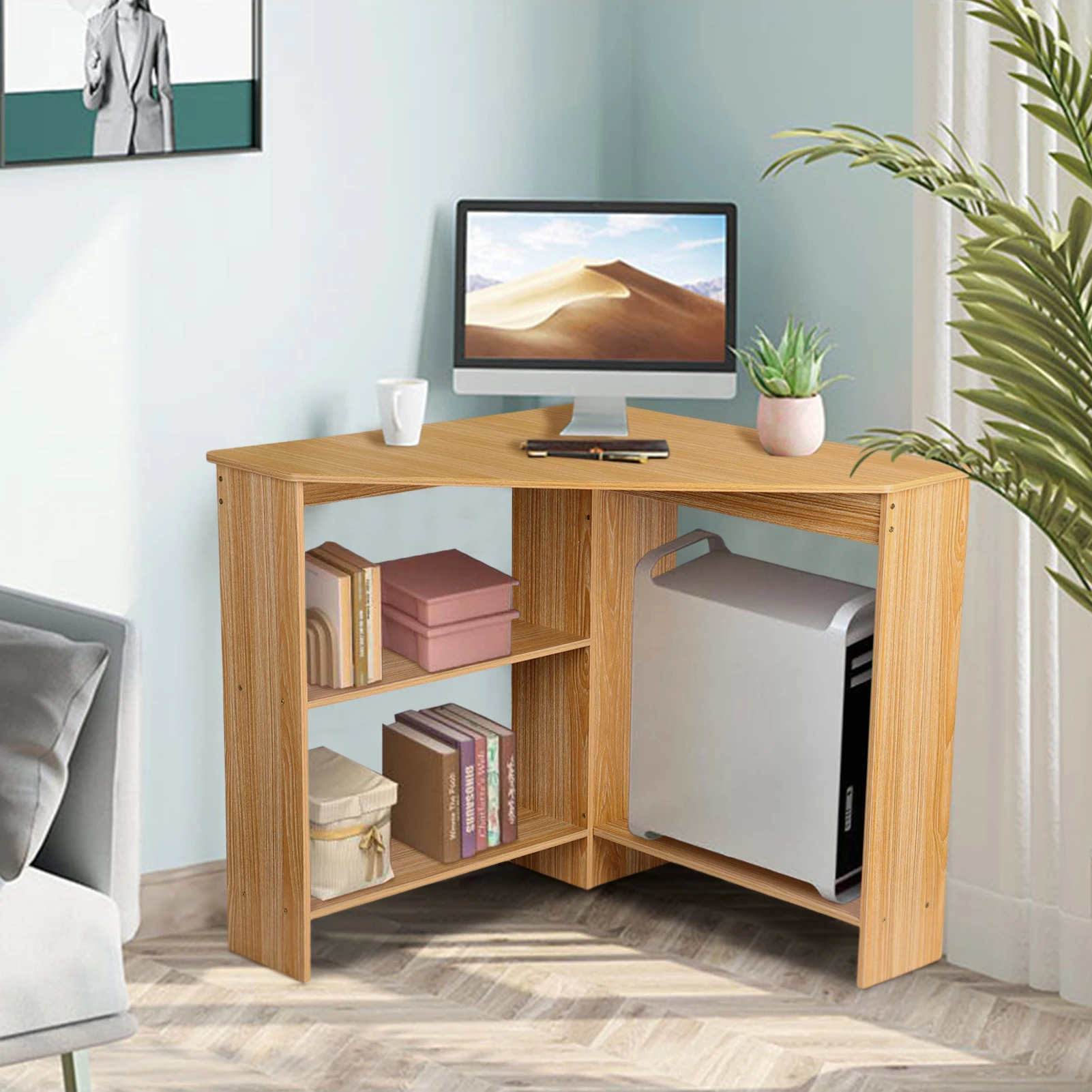 Modern Corner Desks - 90 Degrees Triangle for Computer, Small Space, Bedroom, Makeup Vanity Desk with Storage Shelves & CPU