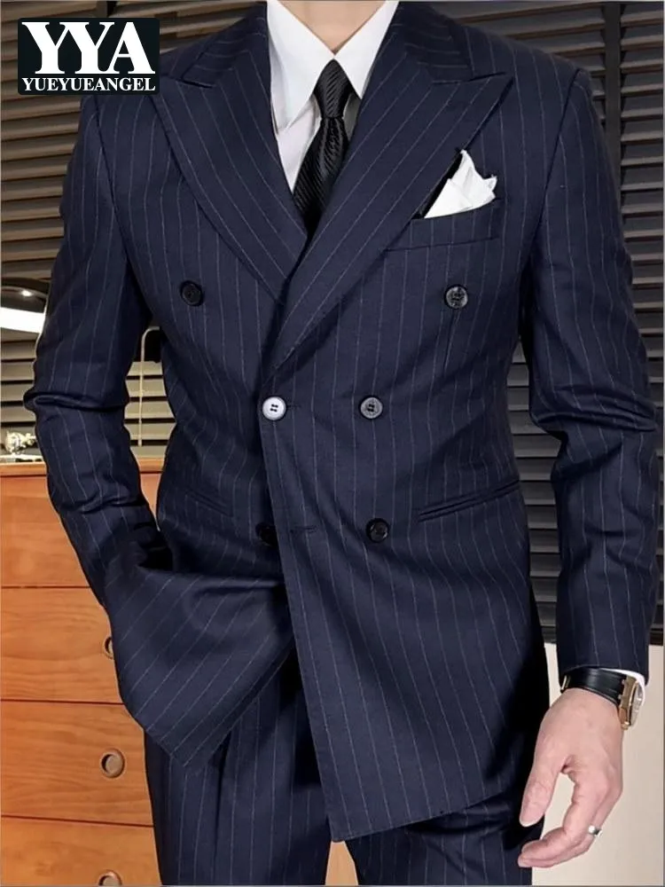 

Italian Designer Men Business Work Suit Double Breasted Blazer Jacket Pants Two Piece Set Groom Vintage Plaid Wedding Dress Suit