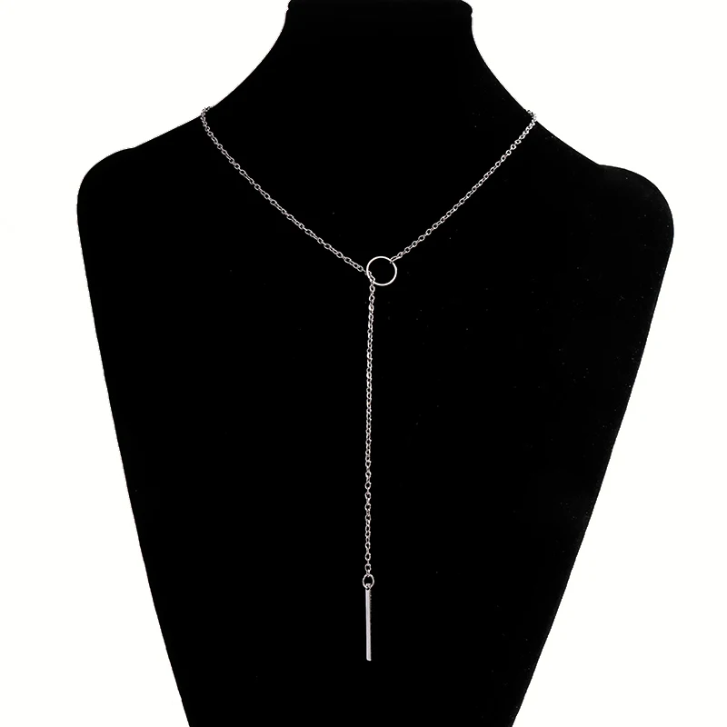 Aihua Minimalistische Halskette mit rundem Stab-Anhänger für Frauen, Schlüsselbein-Halskette, lange Kette, Modeschmuck, Statement-Geschenke für Mädchen – Detail 6