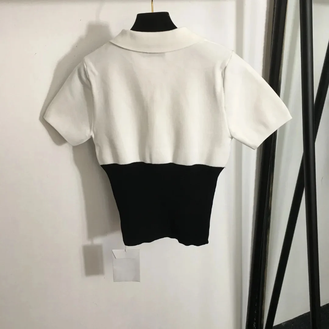 summer new knitted top lapel design sense button trend explosion T-shirt Korean high-end quality short-sleeved knitted top