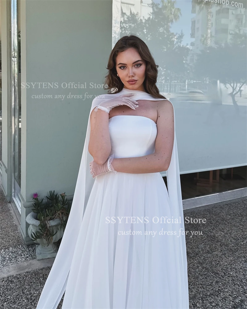 SSYTENS White Wedding Dresses Simple Strapless Beach Bridal Dress with Scarf Ankle-Length Satin Civil Wedding Gowns Customized