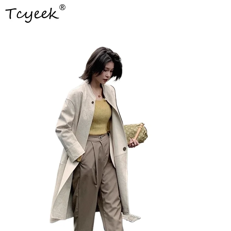 Tcyeek 리얼 양가죽 봄 가을 트렌디 미드 길이 베이지 스탠드 칼라 여성용 천연 가죽 재킷