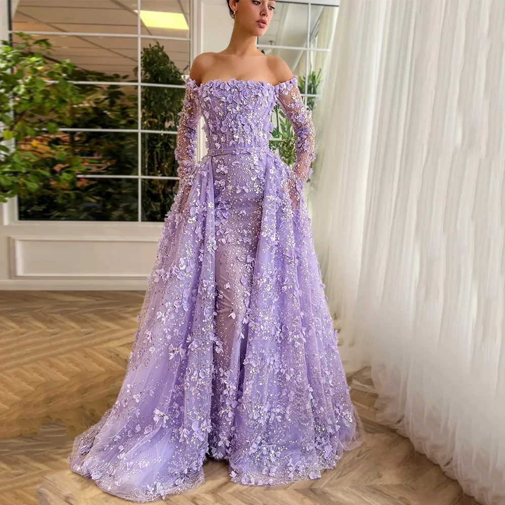 

Saudi Arabia Light Purple Evening Dress Luxury Boat Collar Long Sleeve Mermaid Ball Dress Lace Decal Party Dress Customized