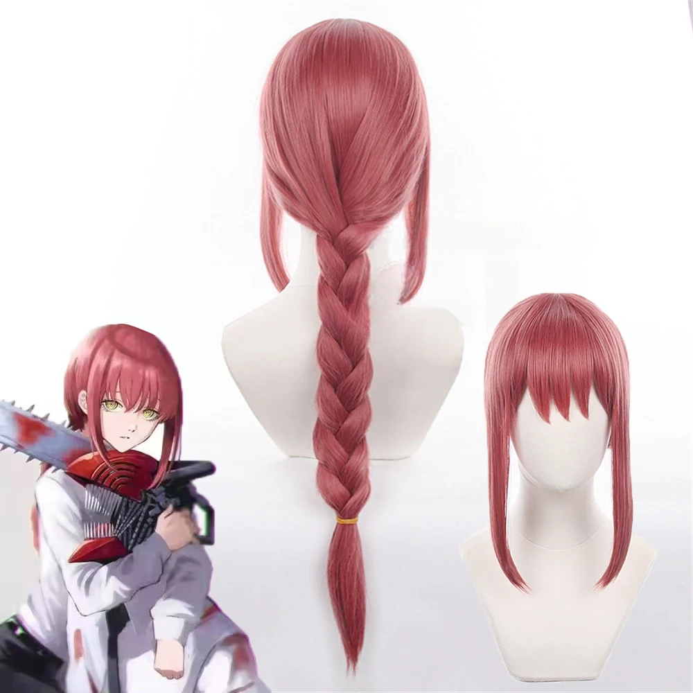 Makima Cosplay Wig Anime Chainsaw Man 70cm Long Coral Pink Braided Heat Resistant Synthetic Halloween Party Role Play Wig