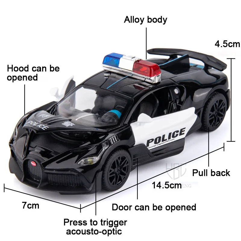 1/32 Alloy Diecast Bugatti DIVO Model Car Toy Metal Police Miniature Vehicle Series 2 Doors Opend Pull Back Cars Boys Collection