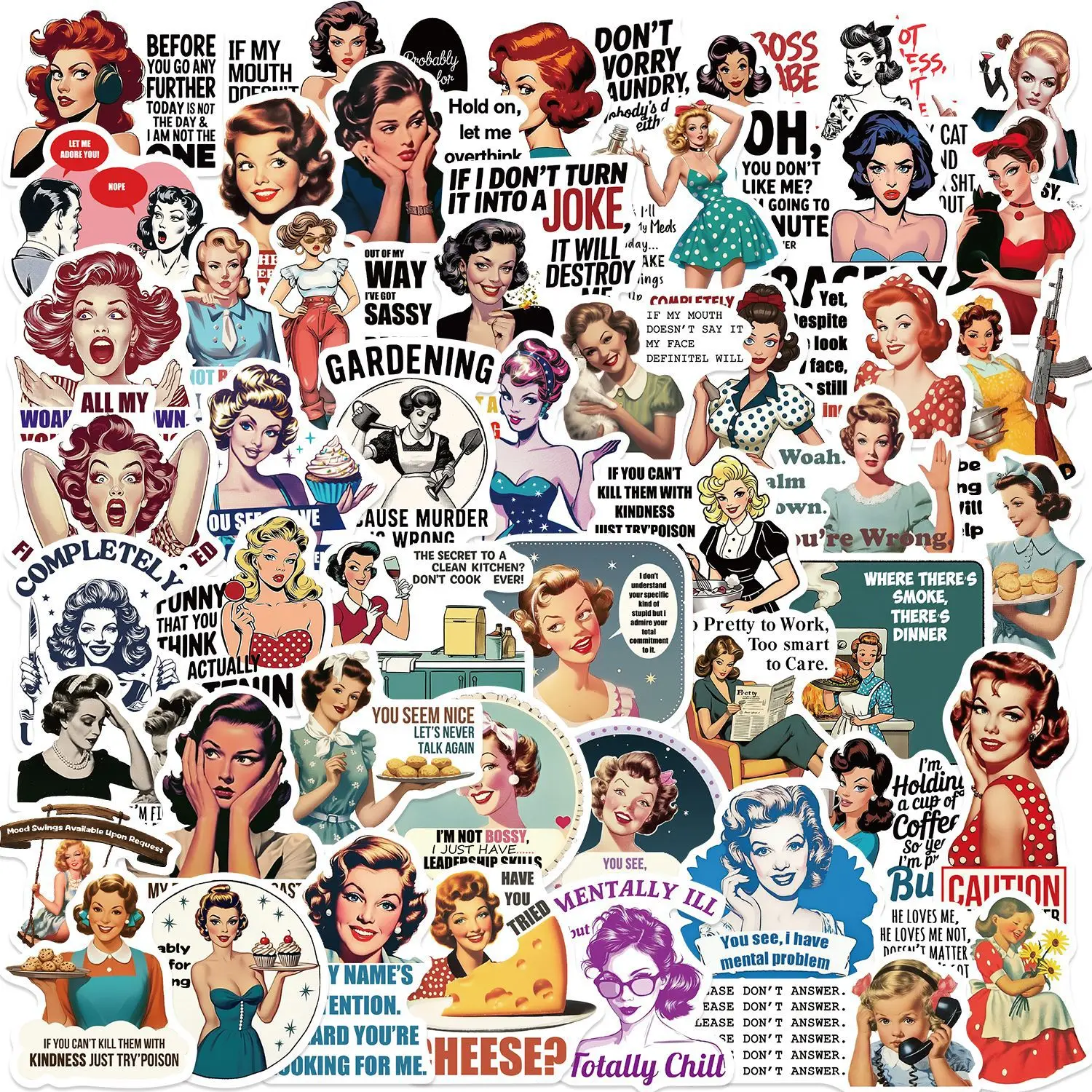 

50Pcs Funny Retro Women Sarcastic Stickers Meme Decals For Laptop Scrapbook Luggage Guitar Helmet DIY Graffiti Stickers
