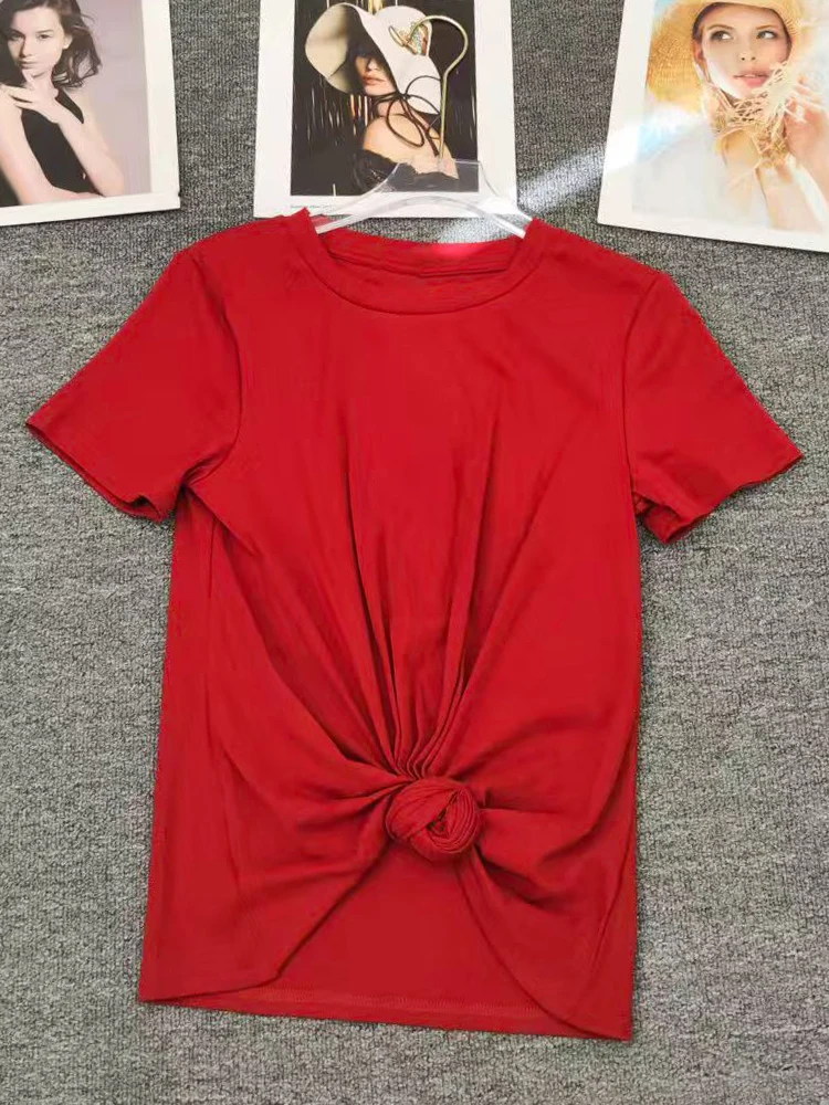 

Design retro twisted irregular round neck short sleeved T-shirt for summer women's fashion and versatile knitted pullover