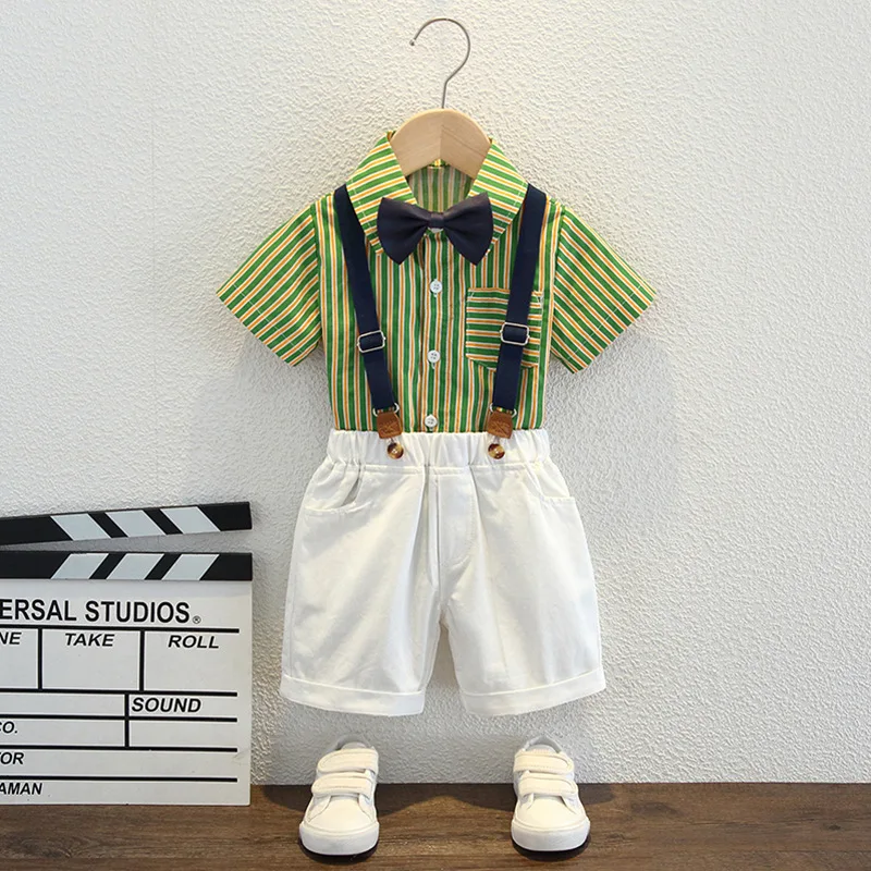 80-120 Russia Boys Summer 4Pieces/Set Shirt Shorts Strap Bowtie Suit Children Photography Dress Kids Wedding Birthday Outfit