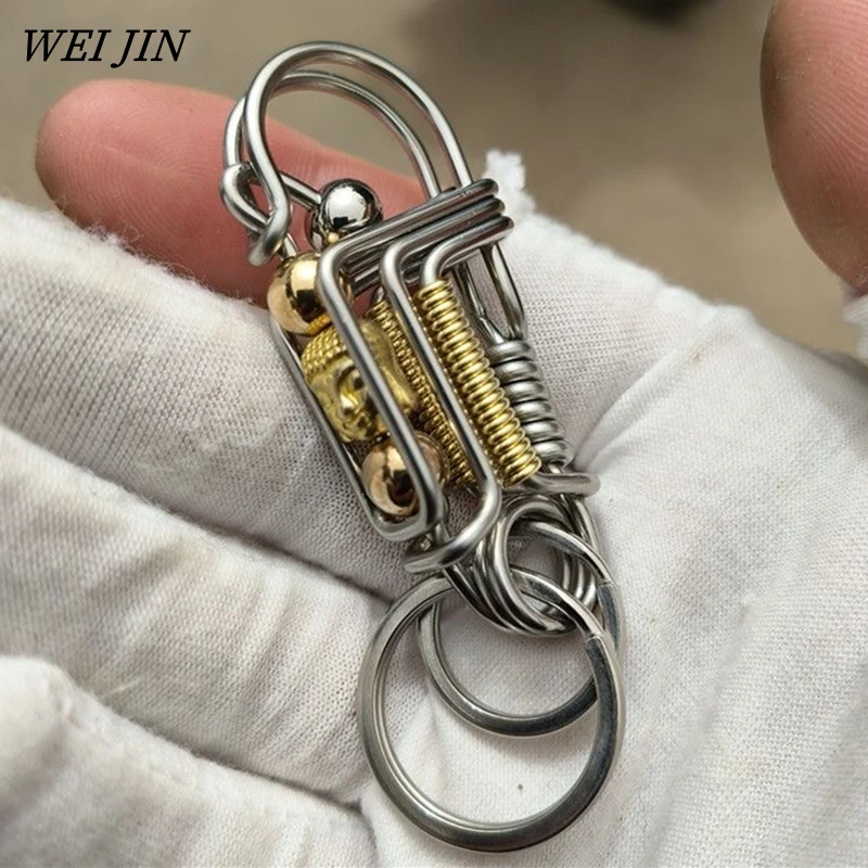 Stainless Steel Keychains 3 Wire ,Matte Bead Car Keyring, Engraved Brass Buddha Statue Mechanical Style Hook Buckle Men Trinket