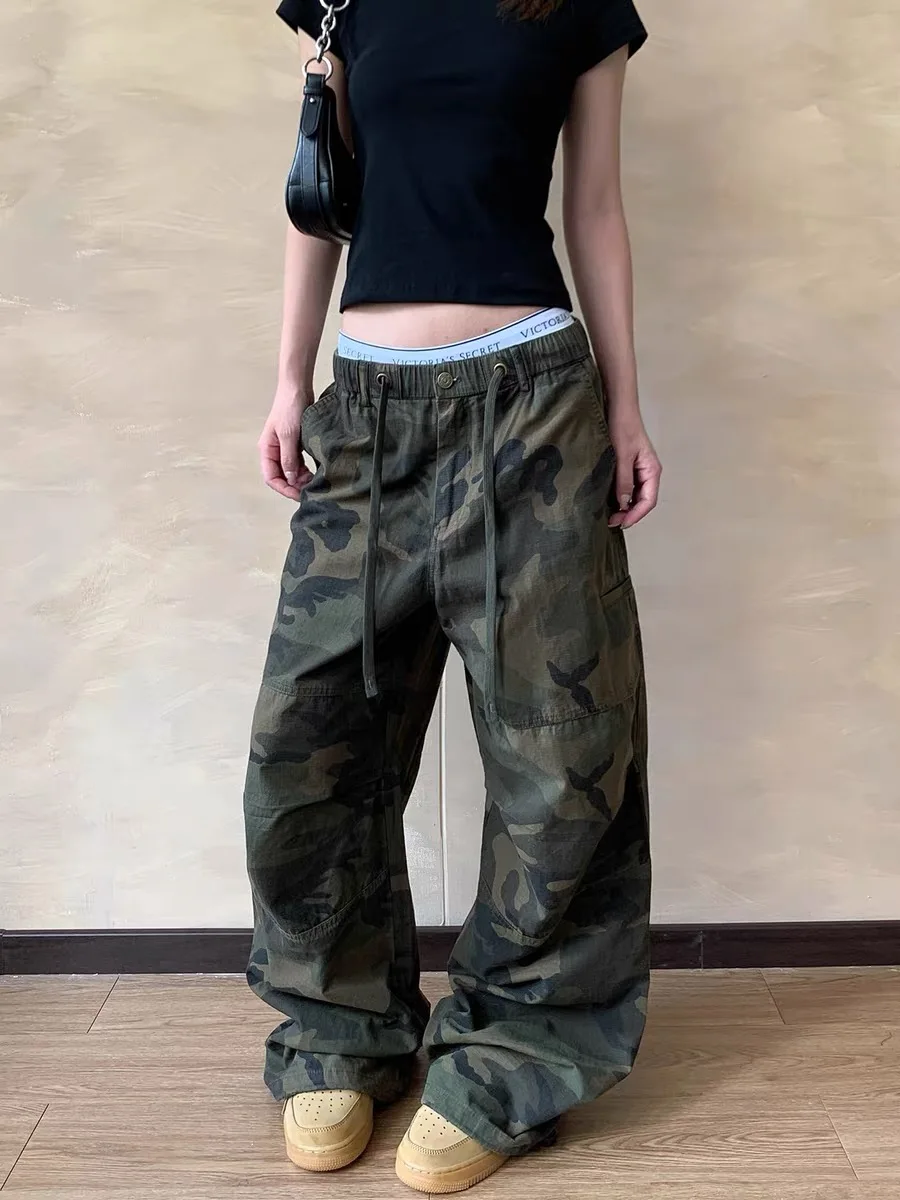 

American Streetwear Vintage Camouflage Casual Pants Loose Elastic Waist Design Straight Leg Trendy Men's Clothing