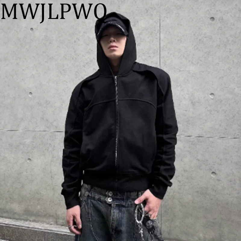 

MWJLPWQ Construction Spliced Short Hooded Sweatershirt Men's High Steet Silhouette Niche Design Male Casual Loose Tops 010718