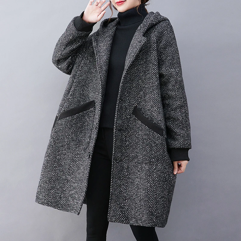 Outono inverno novo sle floco de neve casaco de lã jaet plus size feminino com capuz longo sve comprimento médio de seda emagrecimento na moda w...