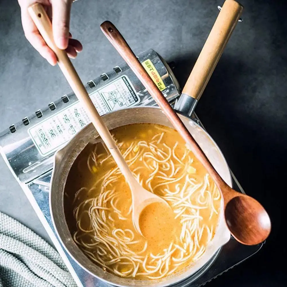 1 buah sendok panjang sendok kayu pengaduk memasak alami gagang kayu bundar untuk sup kayu