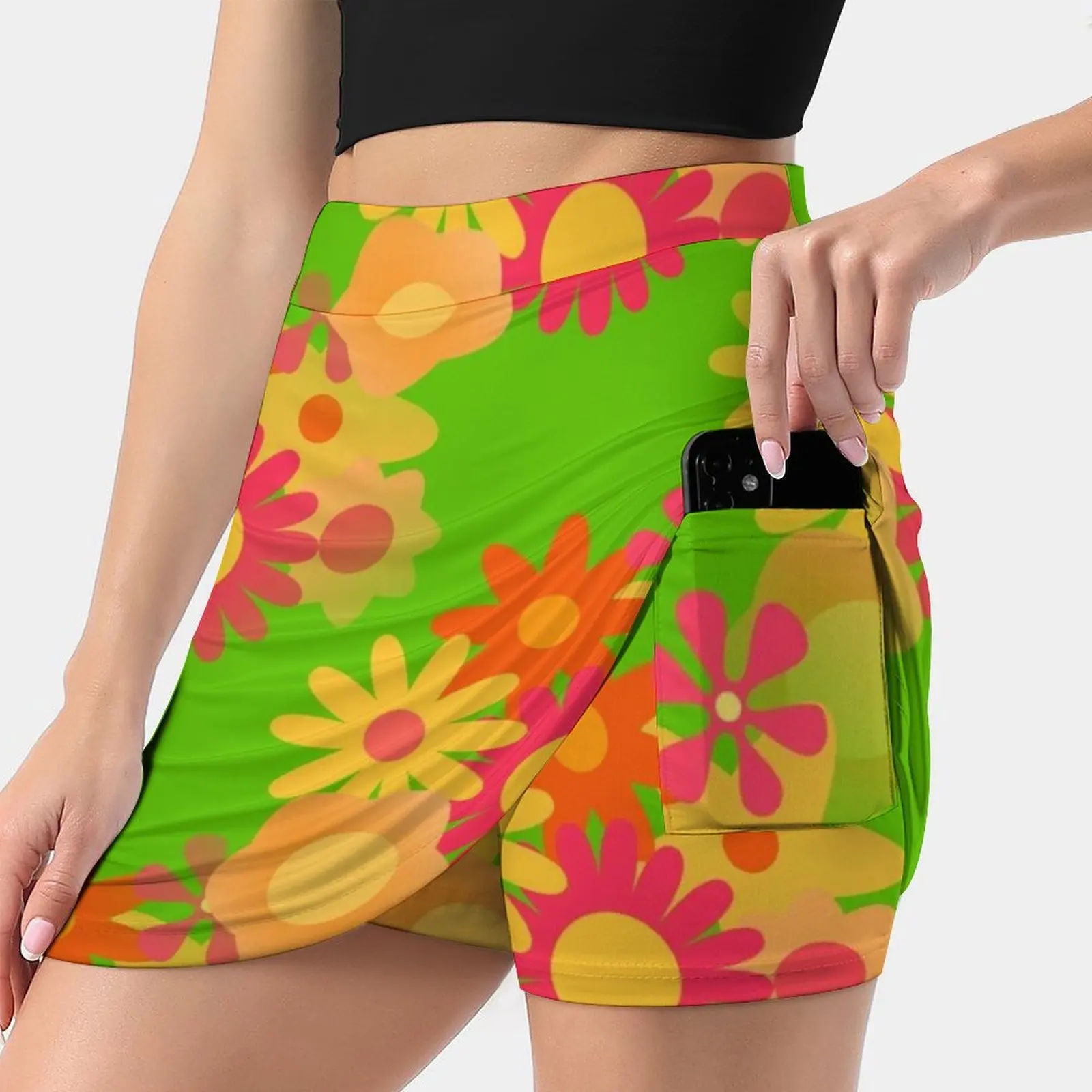 

Groovy Mod Floral Women's skirt Mini Skirts A Line Skirt With Hide Pocket Groovy Mod Floral Mod Floral Mod Flowers Neon Floral