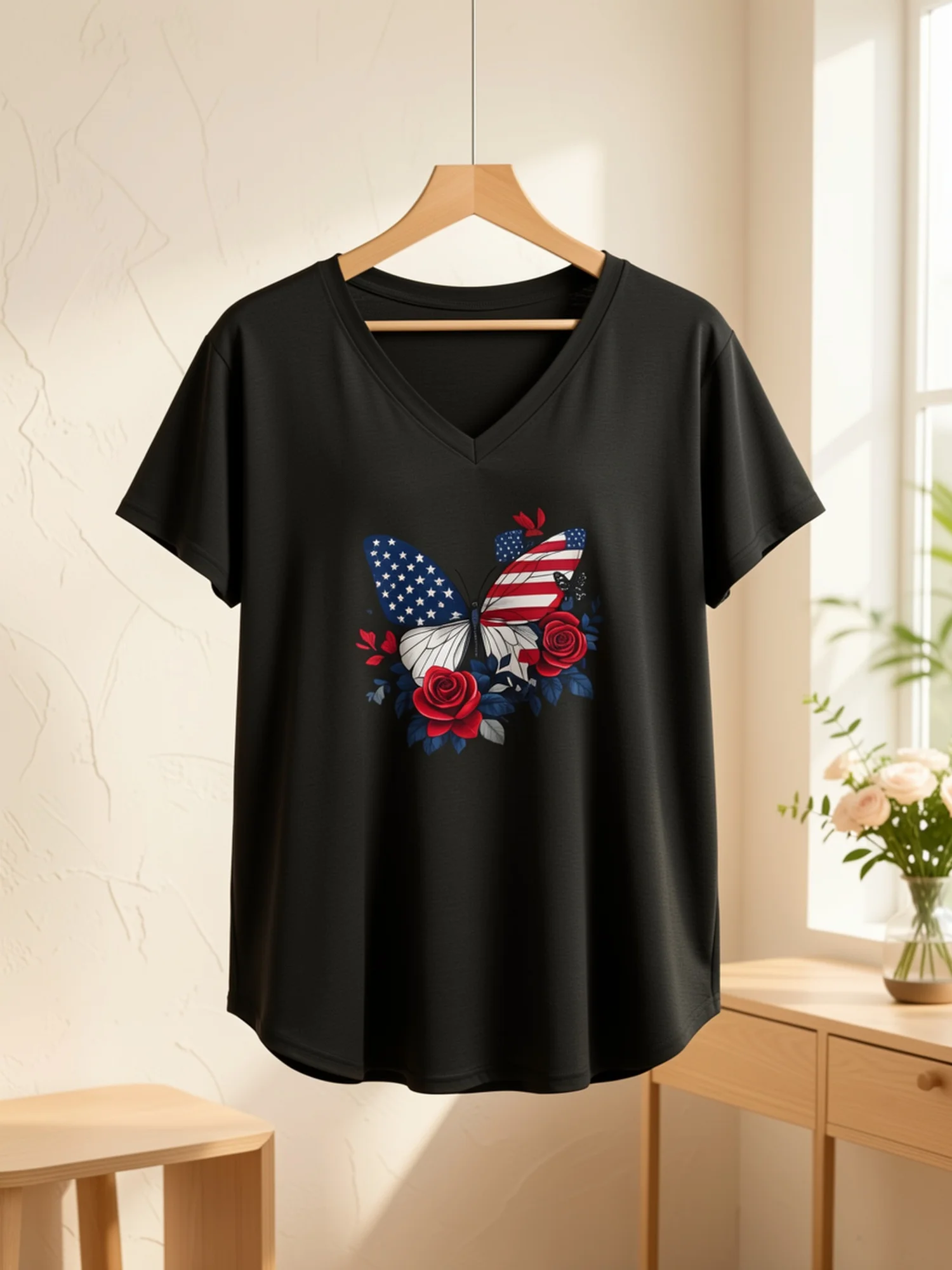 Large size American flag butterfly rose print women's plus size V-neck T-shirt, casual loose top, suitable for dating, home, office, cafe, machine washable, Mother's Day, St. Patrick's Day, Presidents Day, Easter, comfortable and stylish
