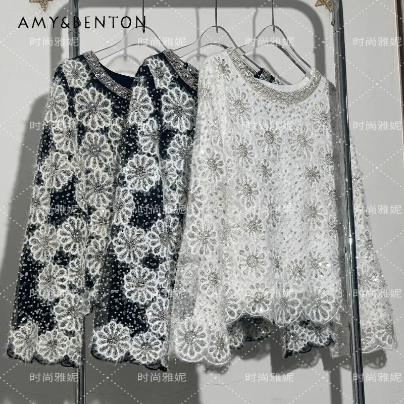 

Fluffy Floral Women's Round Neck Long Sleeves Shirt Versatile Pearl Beaded Sequin Slimming Design O-neck Chic Elegant Top Blouse