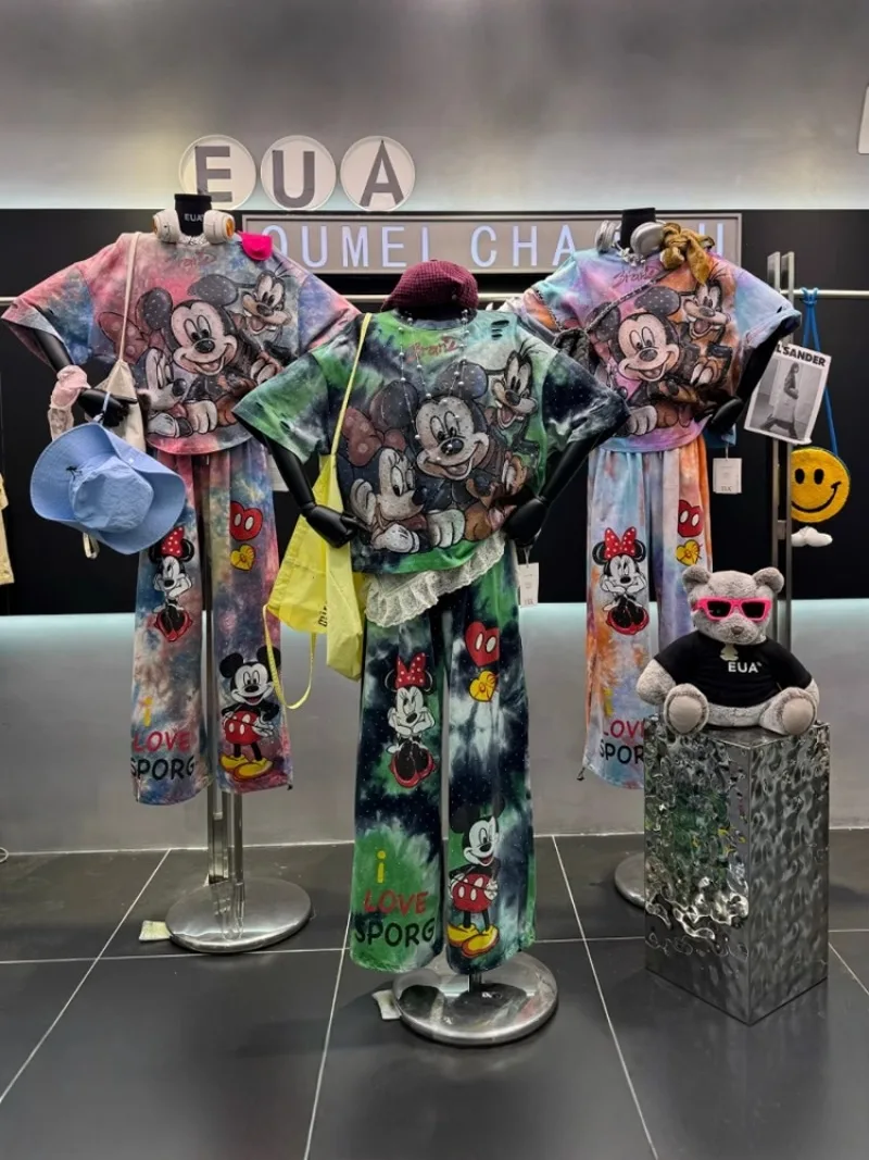 2025 Summer New Heavy Industry Tie-dye Hot Diamond Mickey Print Loose Fashion Age-reducing Top Short-sleeved T-shirt For Women