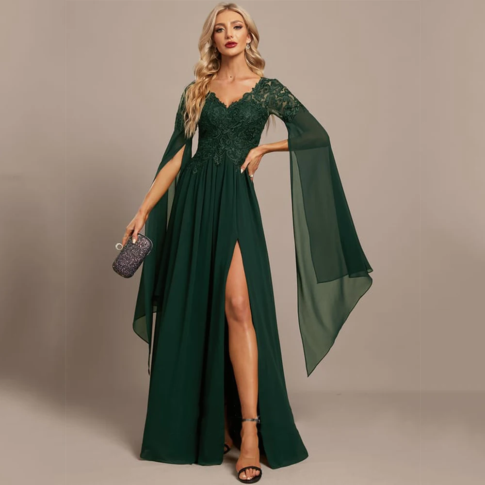 

Charming Green Mother of Bride Dresses with Lace Full Sleeve Sheath Floor Length Wedding Party Gown 2025 Summer Robe De Soirée