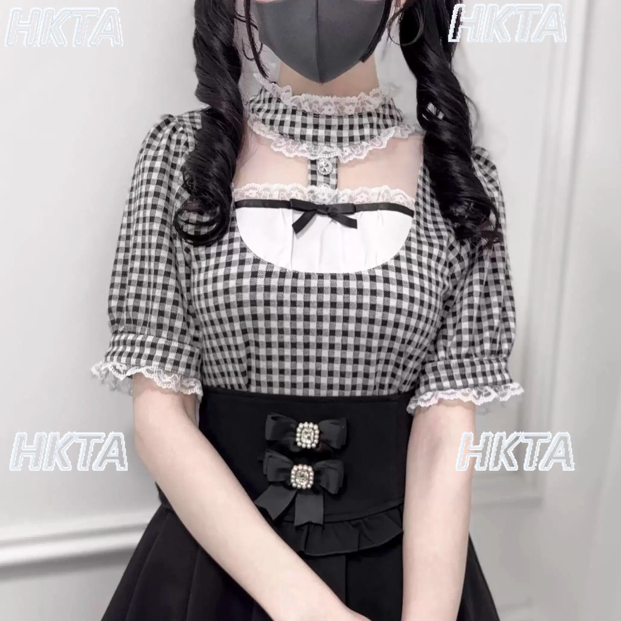 Japanese Style Mass Production Type Liz Plaid Shirt Summernew Lace Stand Collar Bows Sweet Short-sleeved Knitting Tshirt Tops