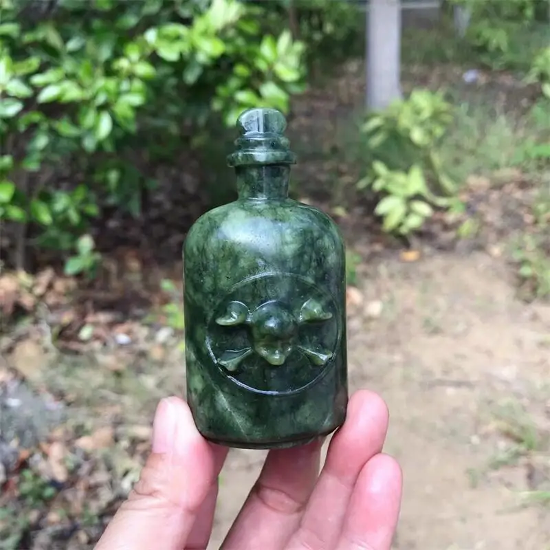 Green Serpentine Stone Hand Carved Skull Bottle Figurine, Gothic Witchcraft Decor, Crystal Storage Jar Desktop Ornament