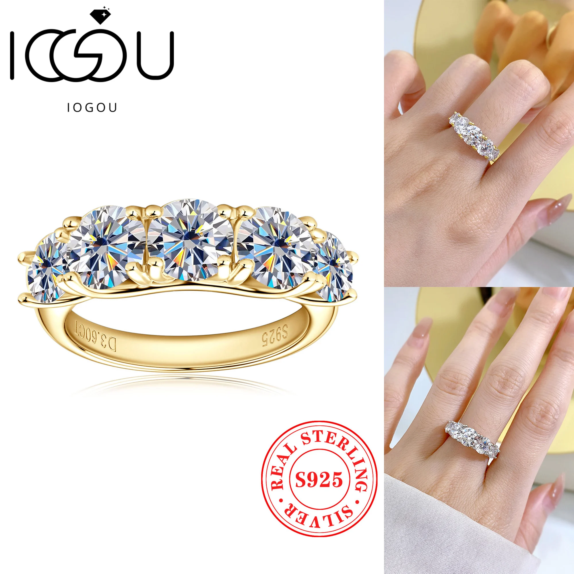IOGOU Luxury 3.6CTTW All Moissanite Wedding Ring 5 Stone Sparkling Diamond Engagement Band 925 Sterling Silver Jewelry for Women