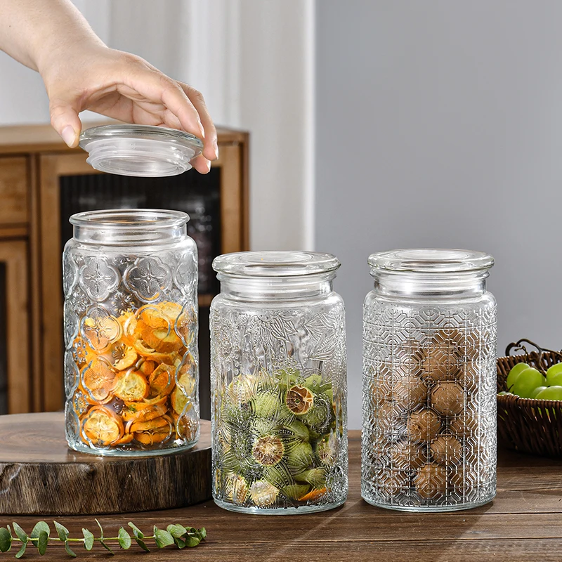 1000ml Glass Storage Jar of Begonia Flower Nuts Snacks Sealed Jar of Tea Miscellaneous Grains with Lid Household Storage Jar