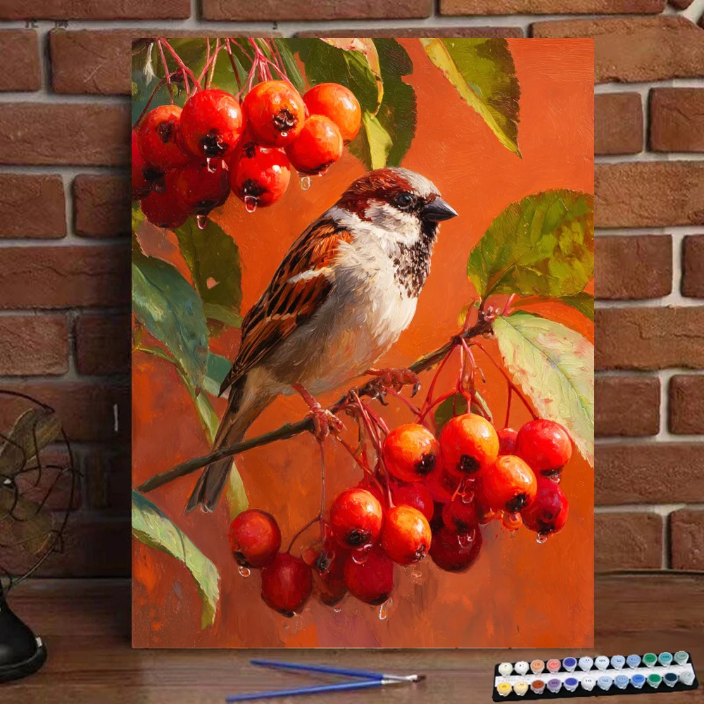 Painting By Numbers Sparrow falls on berry branches DIY Hand Painted Oil Painting Canvas Colouring Unique Gift Home Decorate