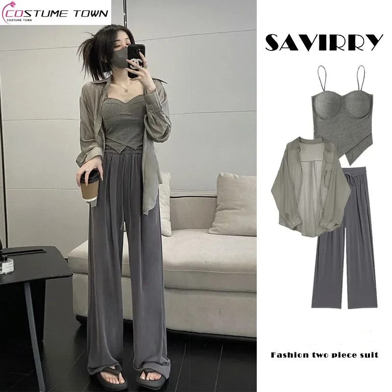 

Summer Set Women's 2024 New Sunscreen Shirt Women's Inner Strap Slimming Versatile Wide Leg Pants Three Piece Set