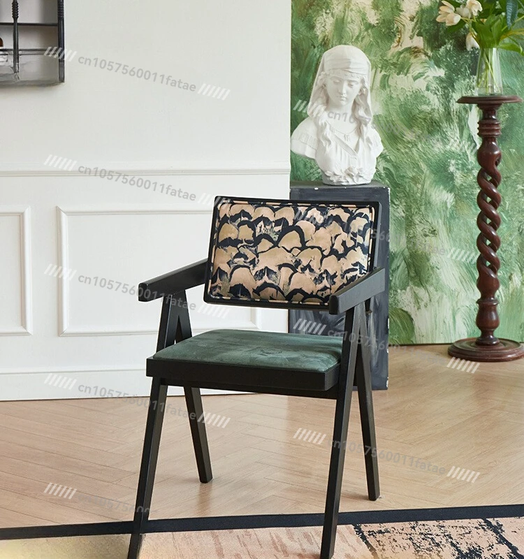 

Medieval Style Solid Wood Dining Chair Household Retro Soft Bag Armrest Back Chair Balcony Single Leisure Chair