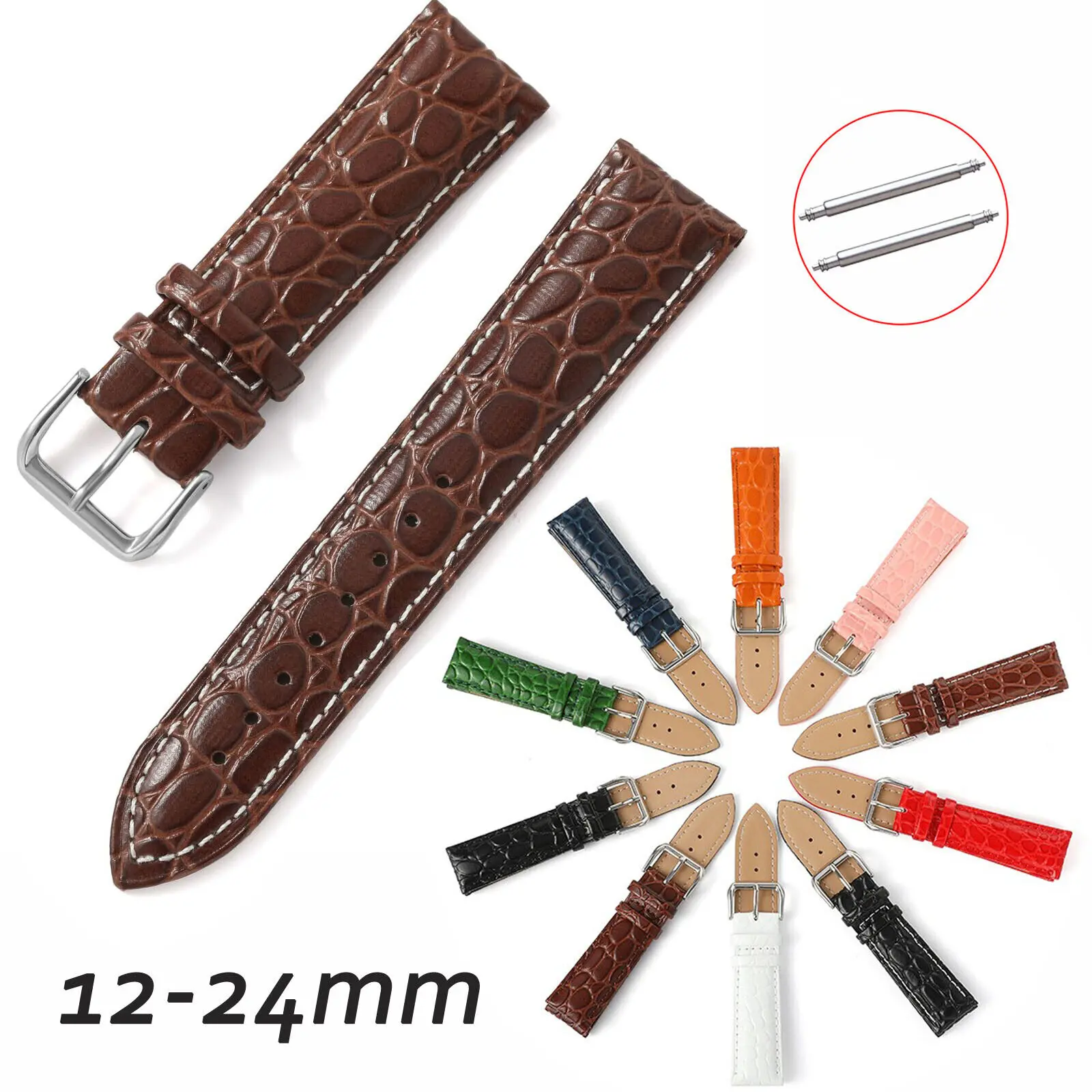 Colorful Round Crocodile Grain Genuine Leather Watch Strap 12 13 14 15 16 17 18mm 19 20mm 21 22mm 24mm Cowhide Watch Band Belt