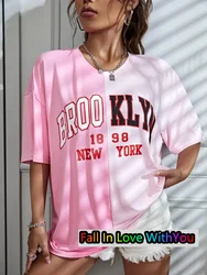 Women's Tshirt Color Block Brooklyn Letter 3D Print Harajuku O-neck Oversized Casual Short Sleeve Trend Y2k Streetwear Tops