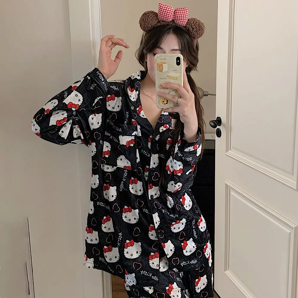 

Женский флисовый кардиган Hello Kitty 2025 года, пижамный комплект, зимние брюки с длинными рукавами, милые, уютные, Loungewea