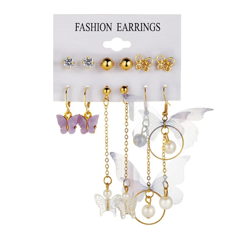 6 Pairs Korean Charm Butterfly Stud Earrings Set For Women Girls Fashion Metal Long Tassel Chain Pierced Earrings Jewelry