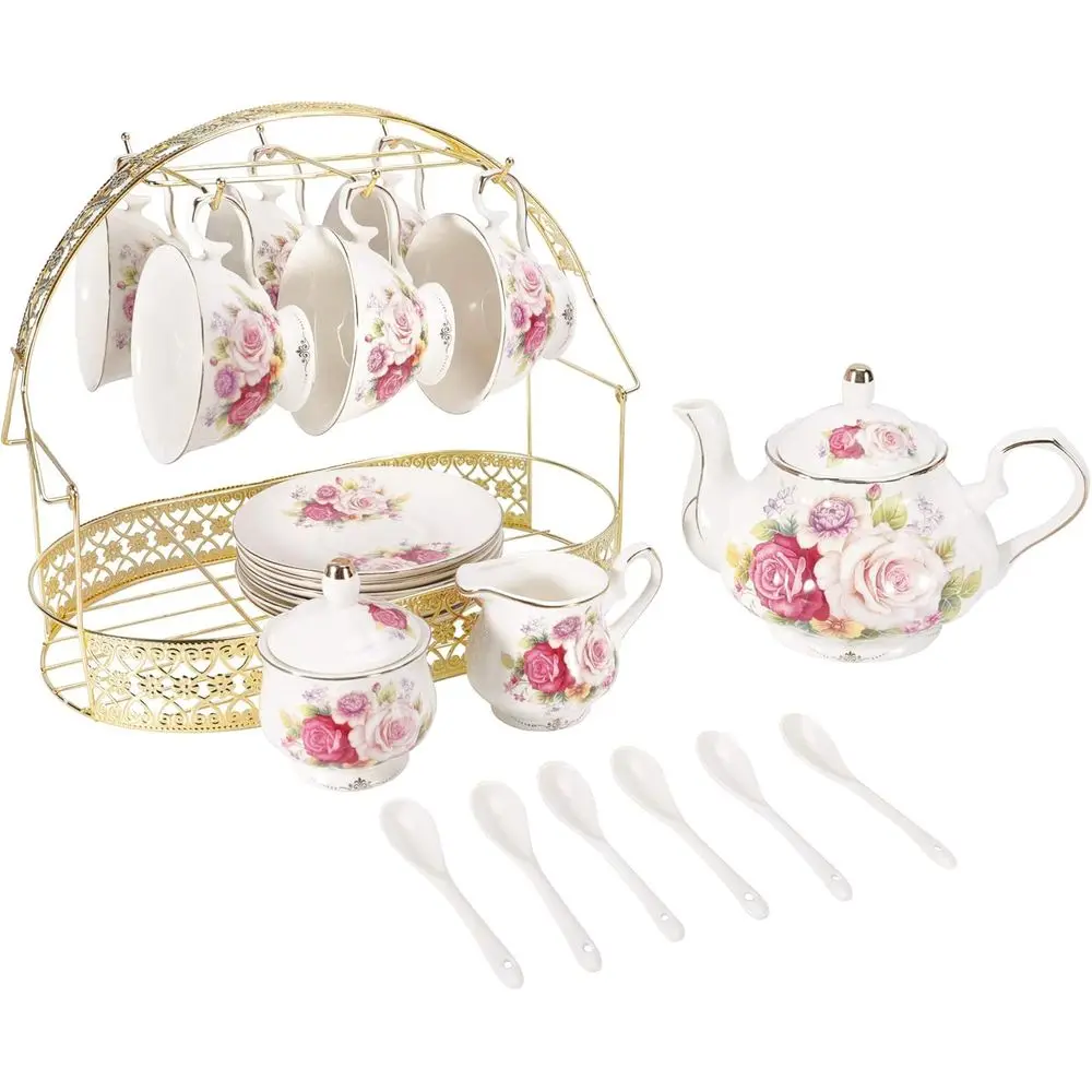 

Piece European Ceramic Tea Sets, Bone China Coffee Set with Metal Holder, Colorful Rose Painting Pumpkin Coffee Tea Pot