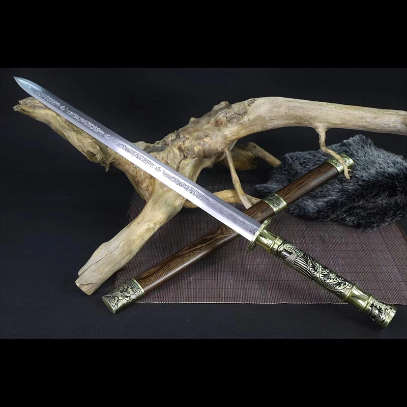 Chinese Rosewood Phoenix Battle Sword Handmade Forged High Manganese Steel Engraving Blade No Sharp