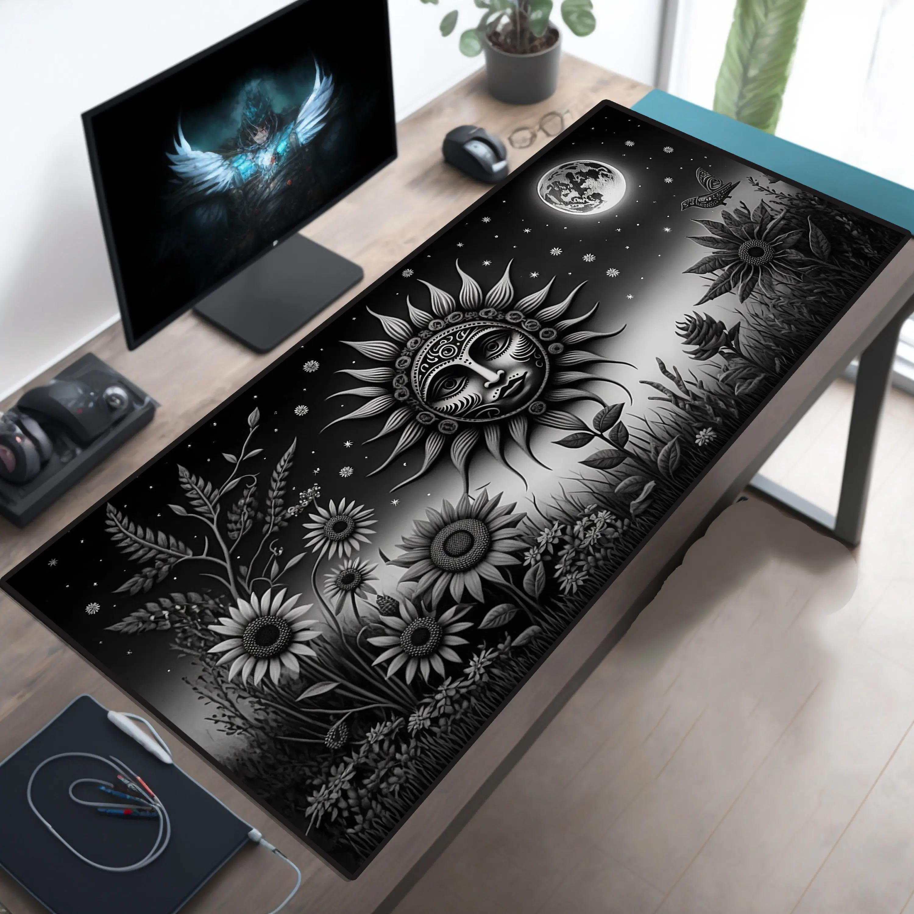 Gaming Mouse Pad, Extra Large Mouse Pad Black Abstract Mandala Keyboard Mouse Pad with Stitched Edges and Non-Slip Base